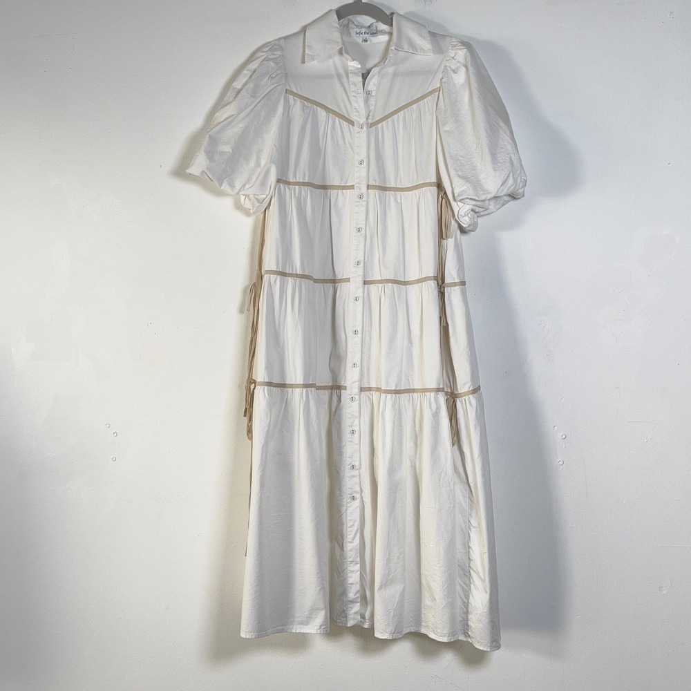 Sofie The Label Tiered Maxi Dress Womens Sz Small White Puff Sleeve Button Front